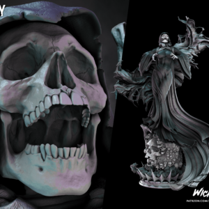 Representación de Muerte, personaje de Marvel, con su atuendo sombrío y una mirada que evoca misterio y poder.