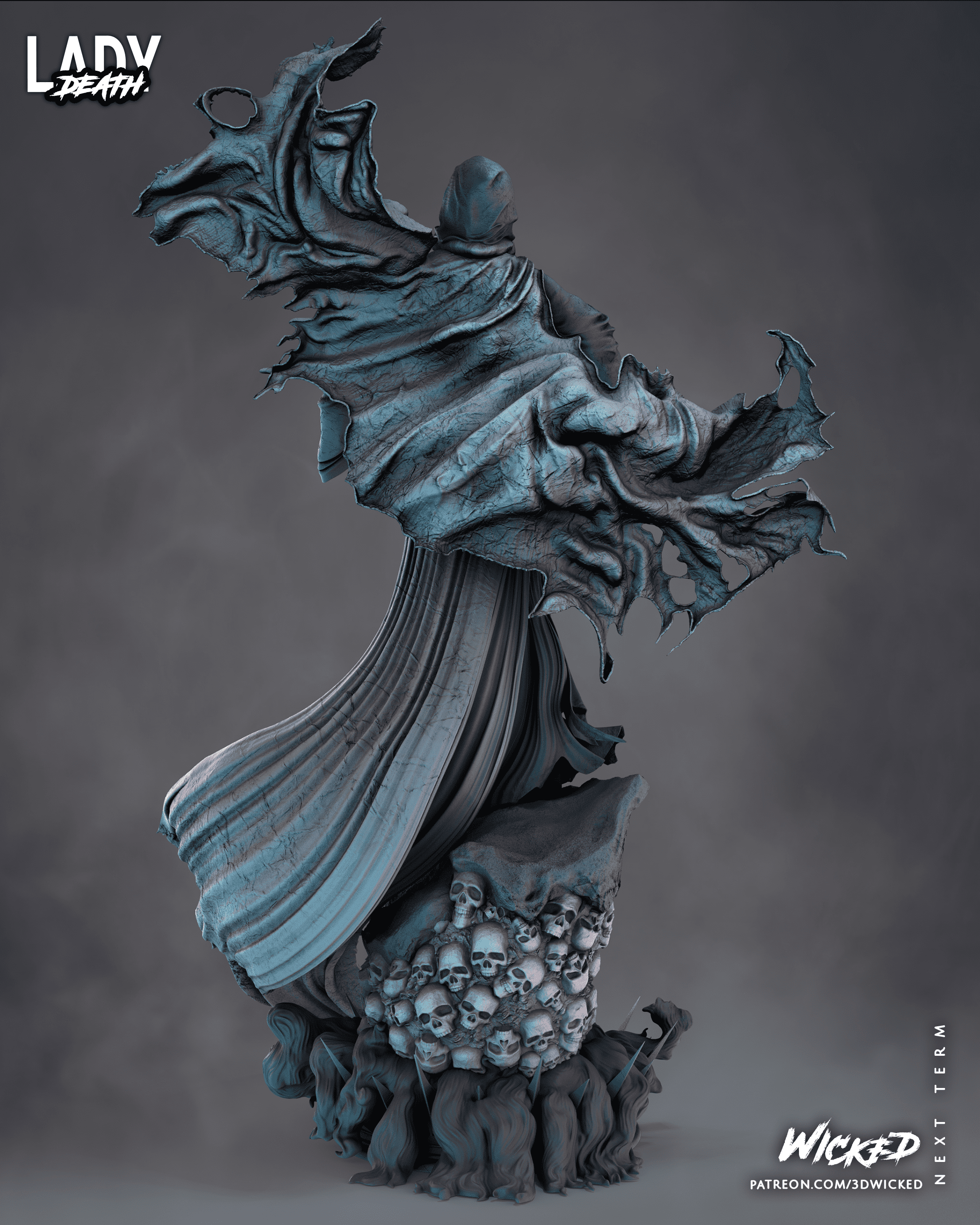 Representación de Muerte, personaje de Marvel, con su atuendo sombrío y una mirada que evoca misterio y poder.