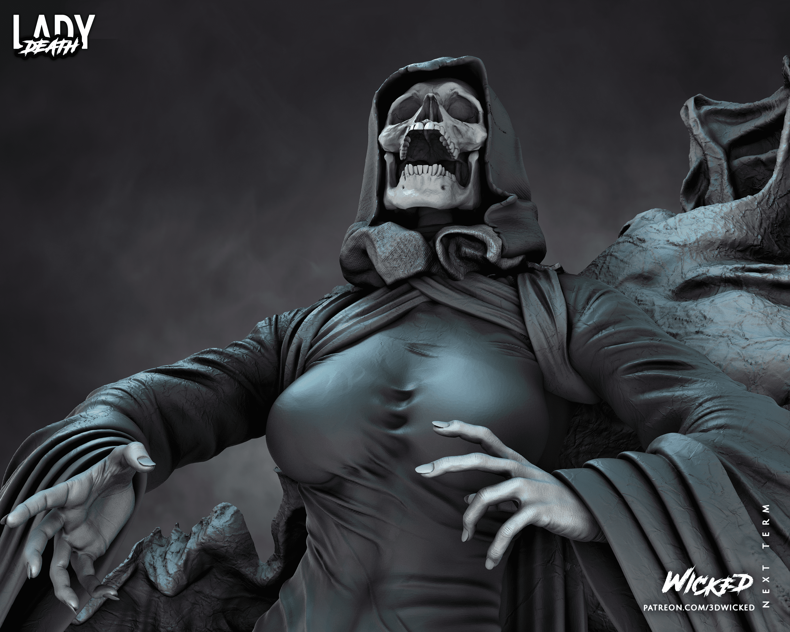 Representación de Muerte, personaje de Marvel, con su atuendo sombrío y una mirada que evoca misterio y poder.