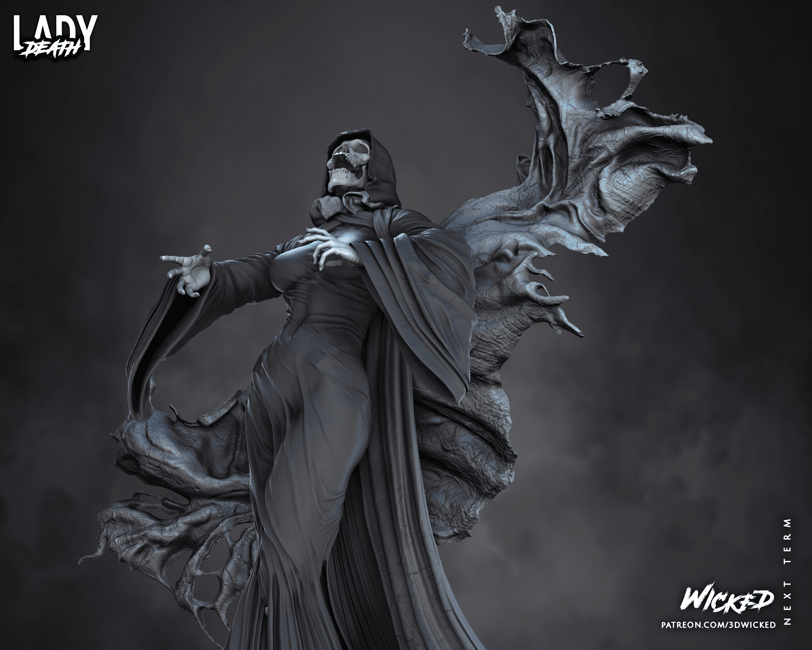 Representación de Muerte, personaje de Marvel, con su atuendo sombrío y una mirada que evoca misterio y poder.