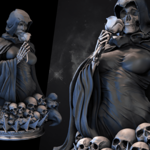 Representación de Muerte, personaje de Marvel, con su atuendo sombrío y una mirada que evoca misterio y poder.