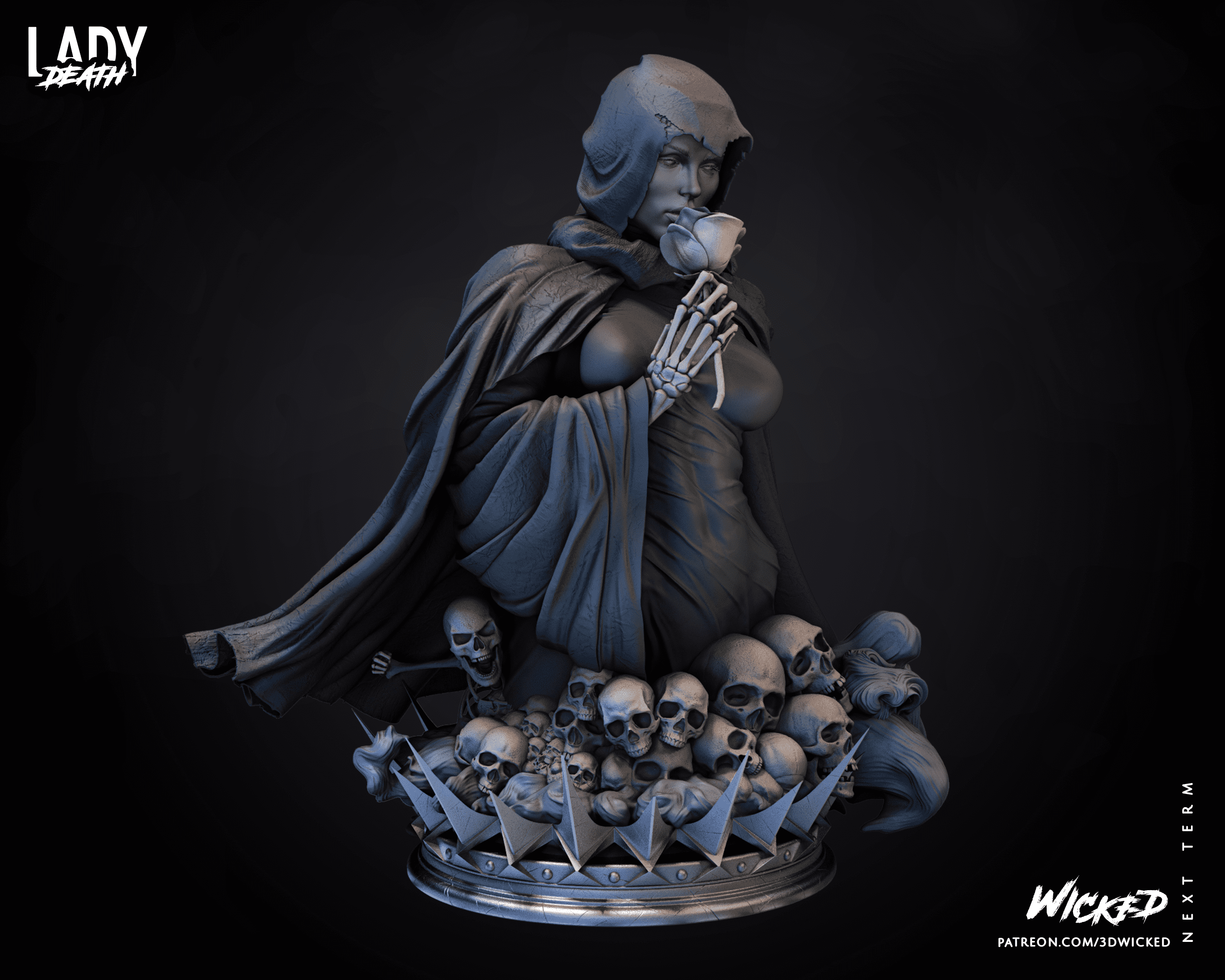 Representación de Muerte, personaje de Marvel, con su atuendo sombrío y una mirada que evoca misterio y poder.