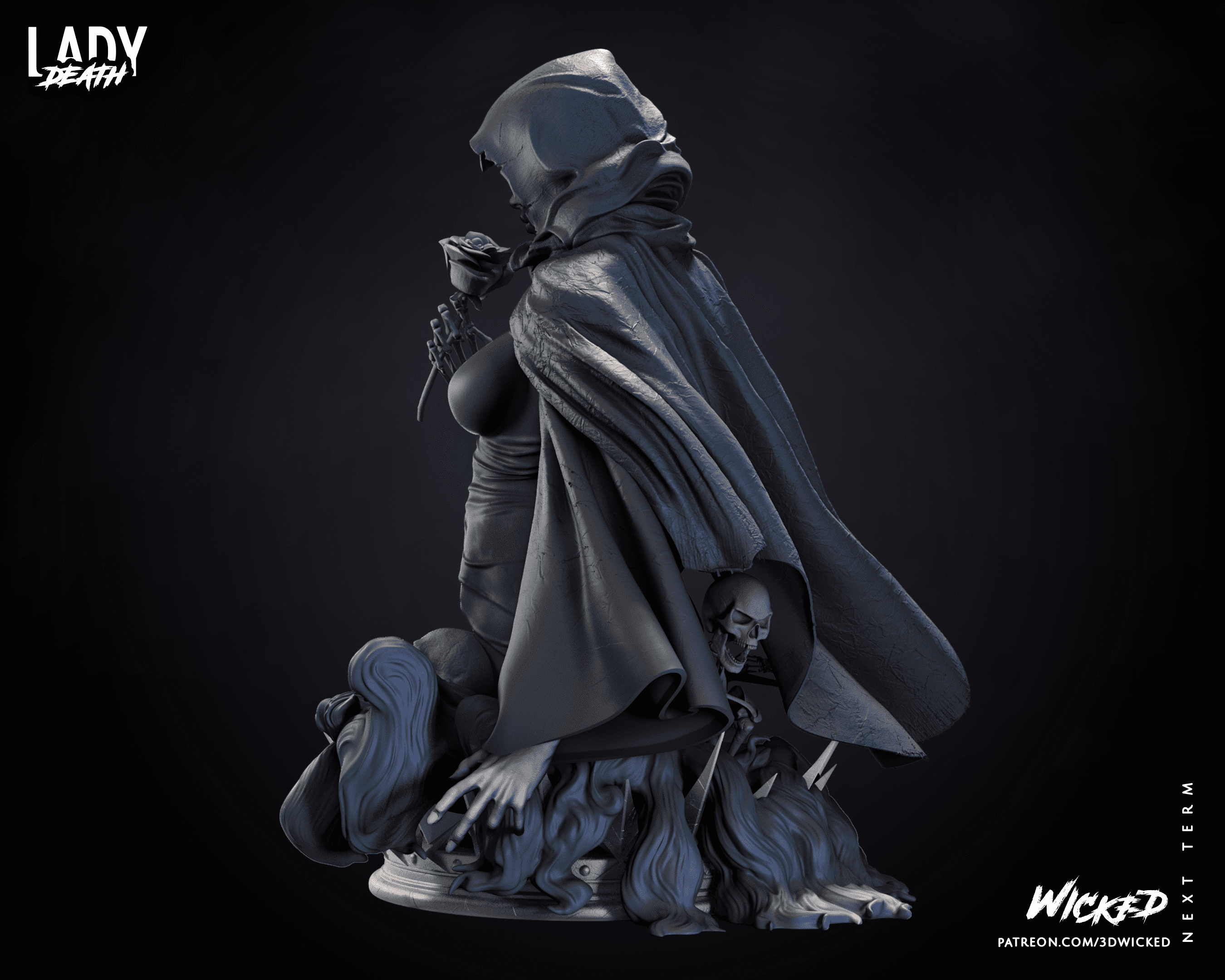 Representación de Muerte, personaje de Marvel, con su atuendo sombrío y una mirada que evoca misterio y poder.