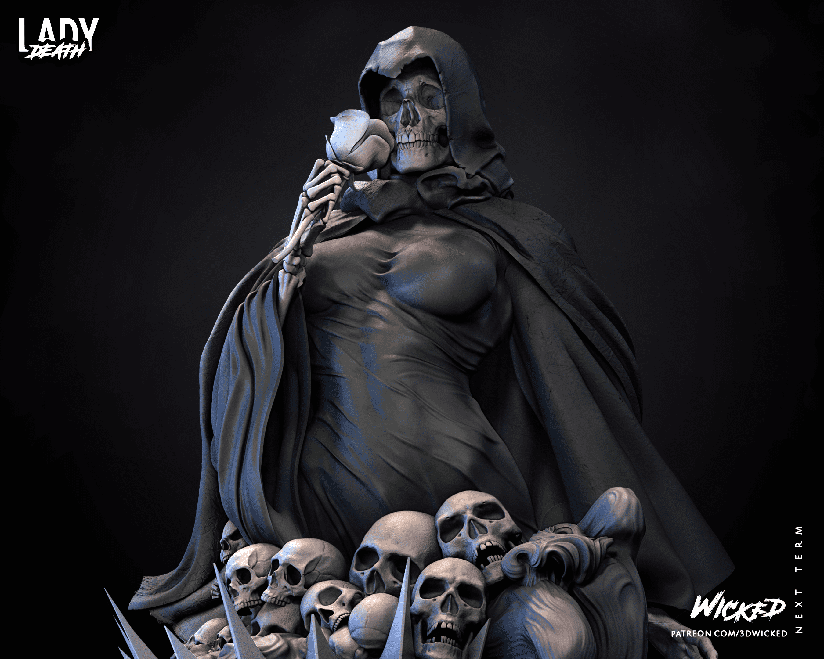 Representación de Muerte, personaje de Marvel, con su atuendo sombrío y una mirada que evoca misterio y poder.