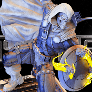 Estatua de un hombre en sudadera con capucha y capa, simbolizando una mezcla de lo urbano y lo heroico.