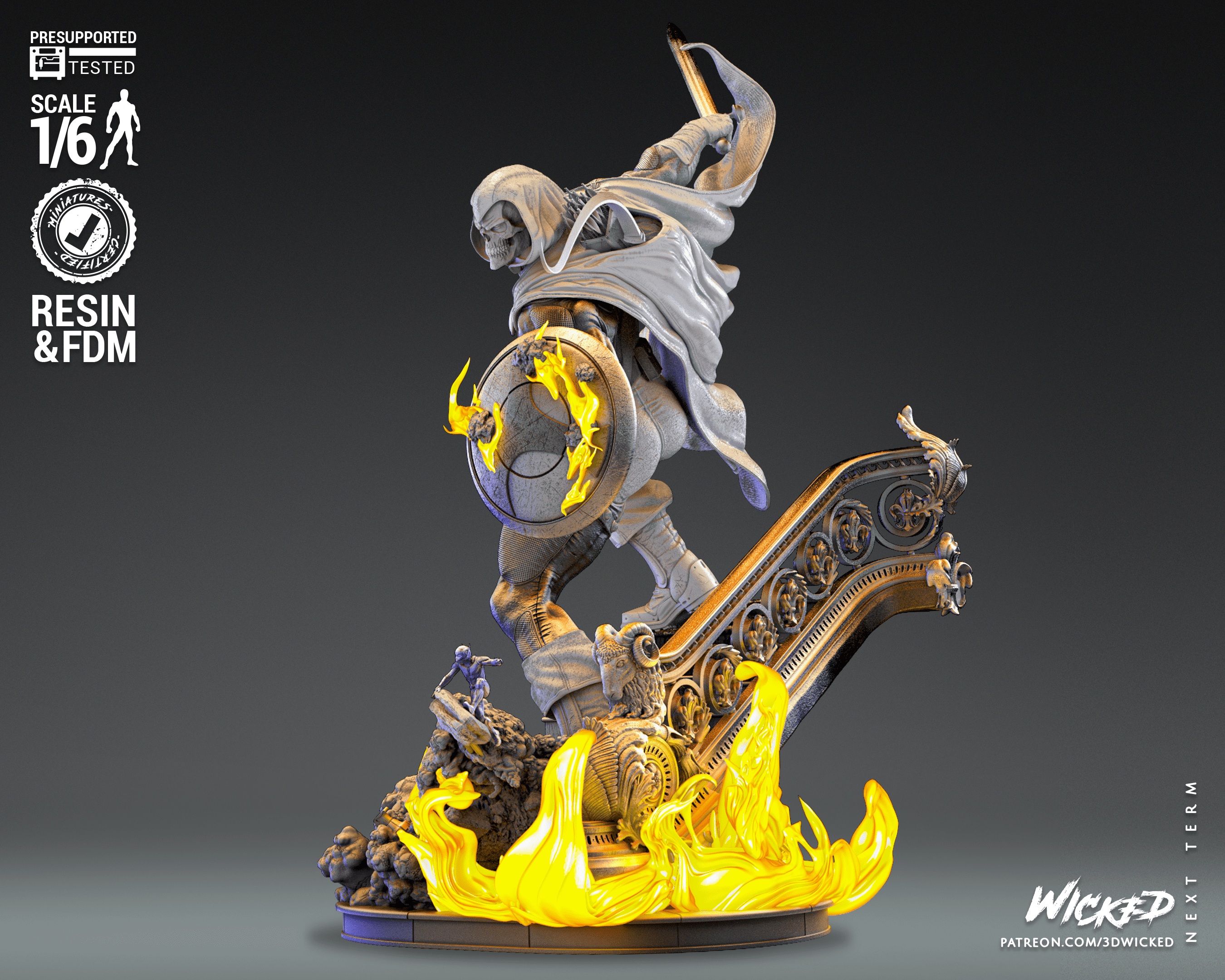 Estatua de un hombre en sudadera con capucha y capa, simbolizando una mezcla de lo urbano y lo heroico.