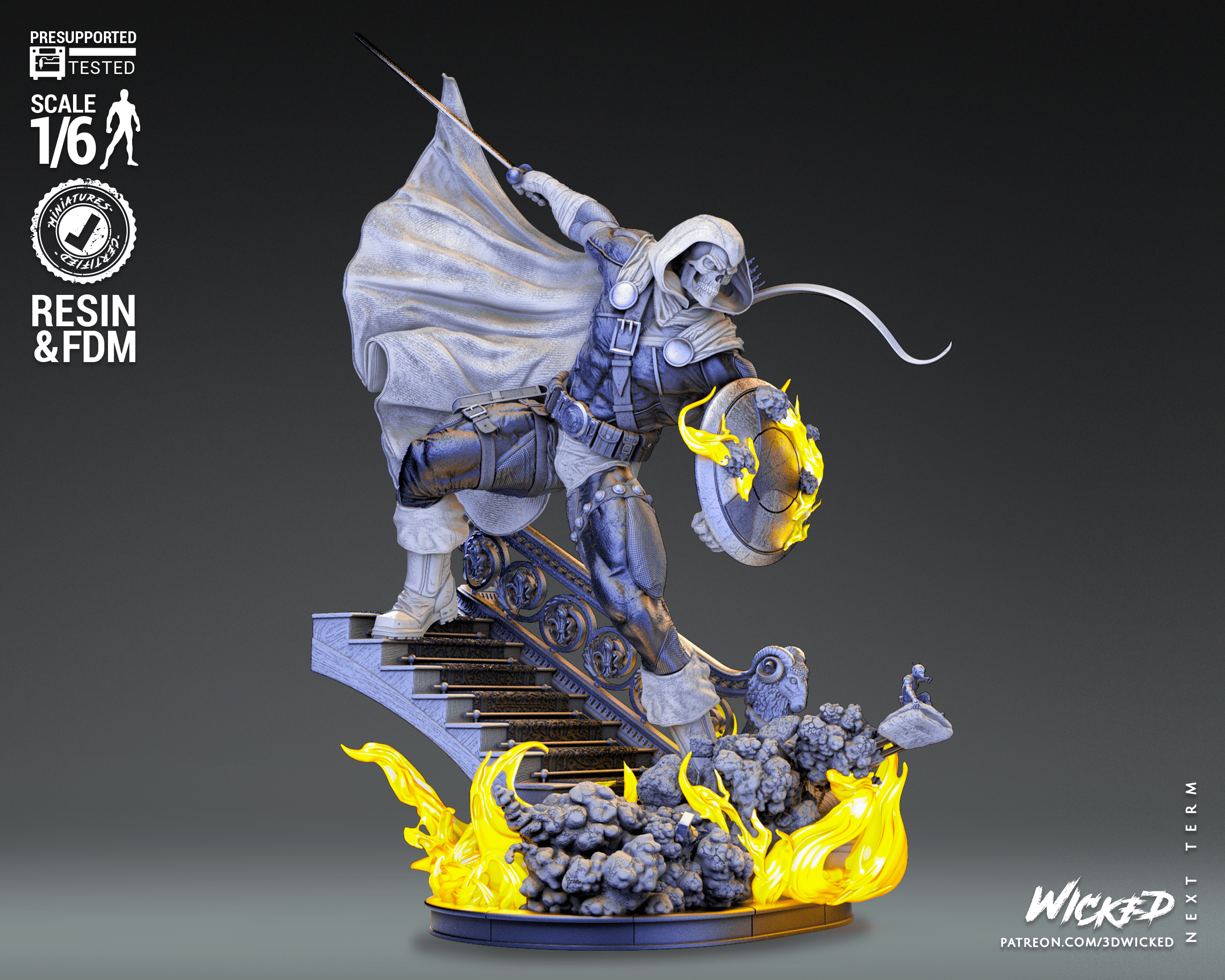 Estatua de un hombre en sudadera con capucha y capa, simbolizando una mezcla de lo urbano y lo heroico.