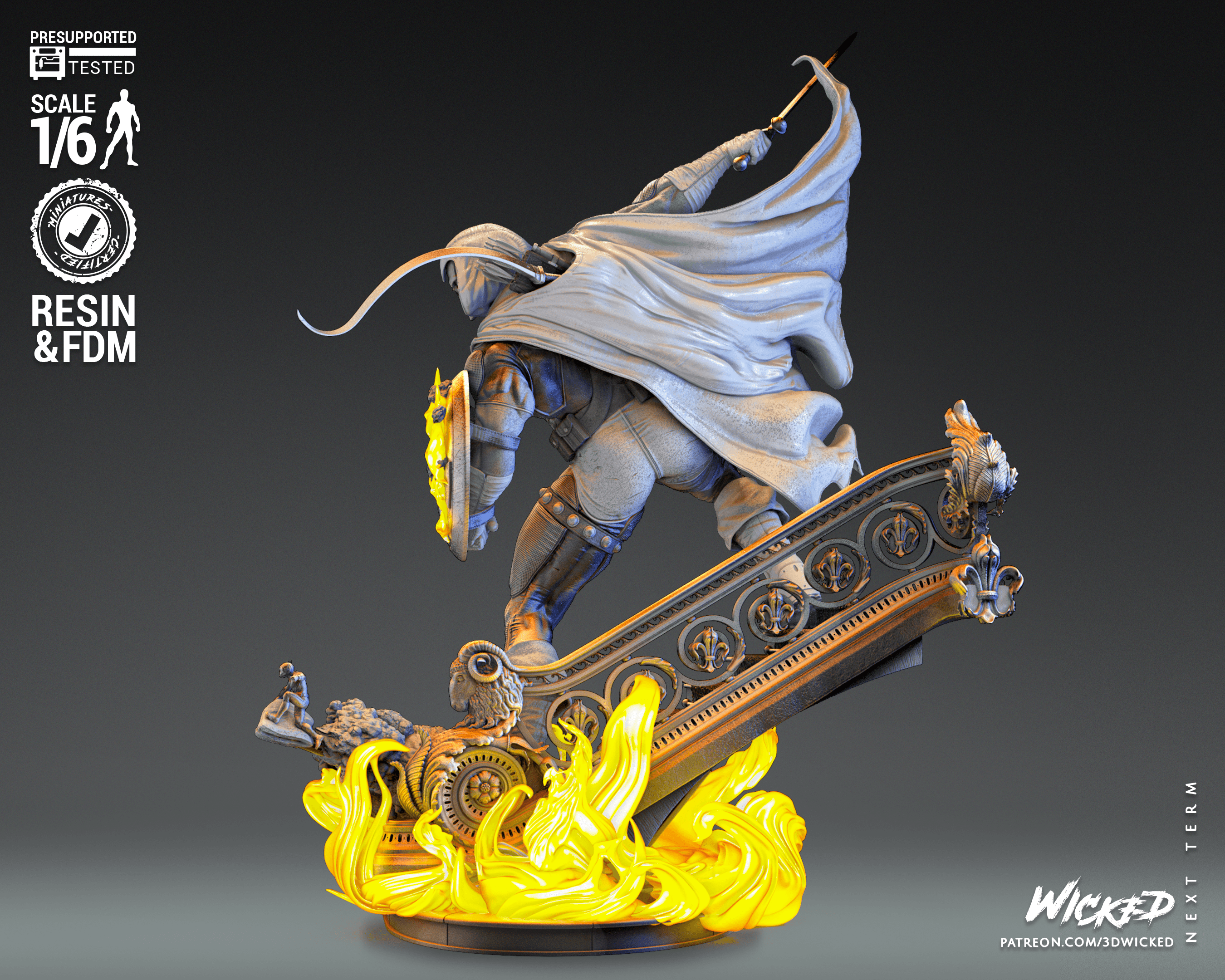 Estatua de un hombre en sudadera con capucha y capa, simbolizando una mezcla de lo urbano y lo heroico.