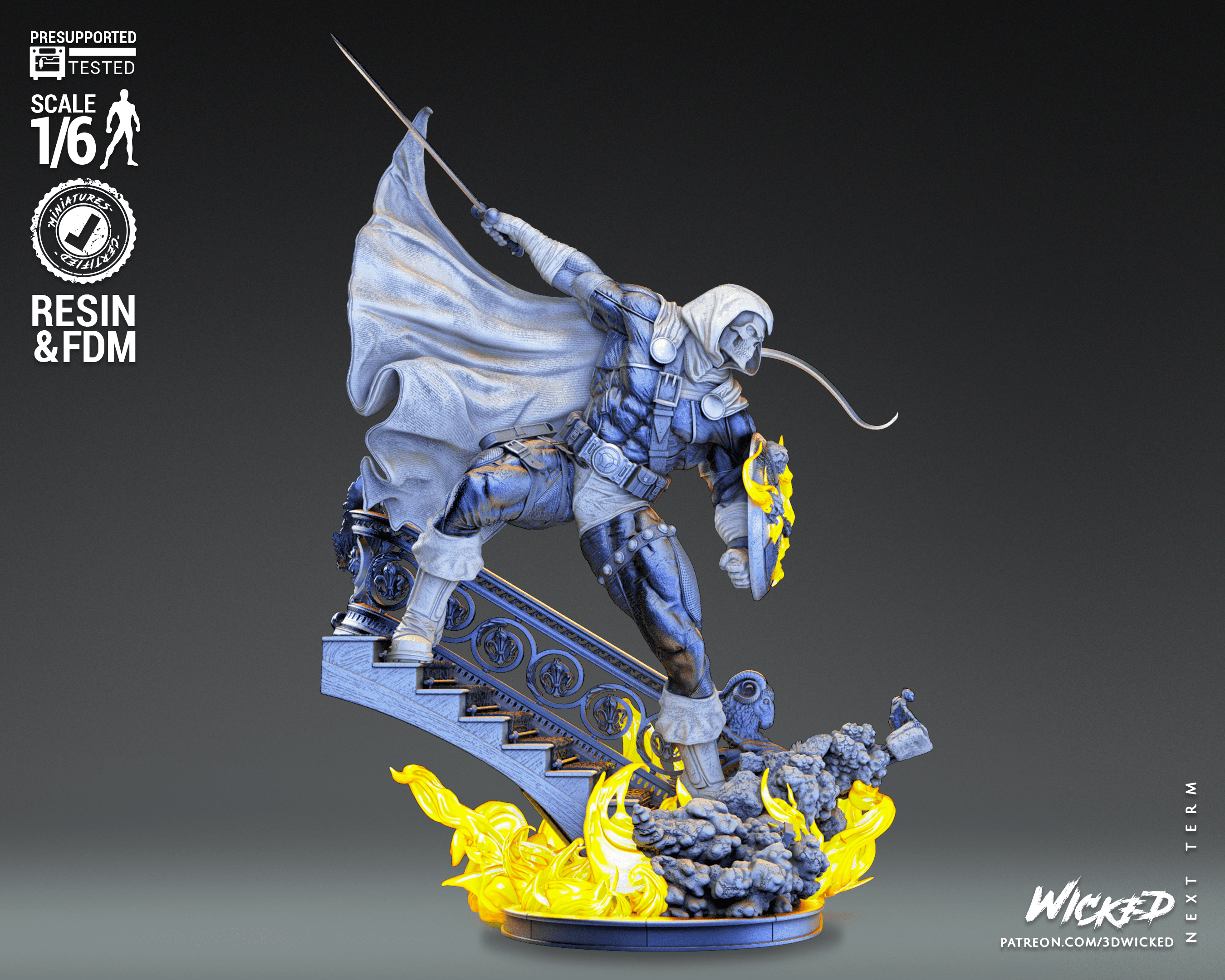 Estatua de un hombre en sudadera con capucha y capa, simbolizando una mezcla de lo urbano y lo heroico.