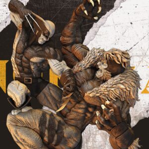 Escultura de Lobezno junto a Dientes de Sable, capturando la esencia de su conflicto en el mundo de los superhéroes.