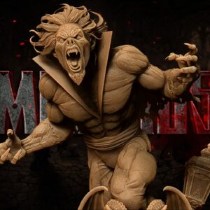 Escultura de un monstruo con una cabeza grande y una boca ancha, que resalta por su aspecto impresionante y aterrador.