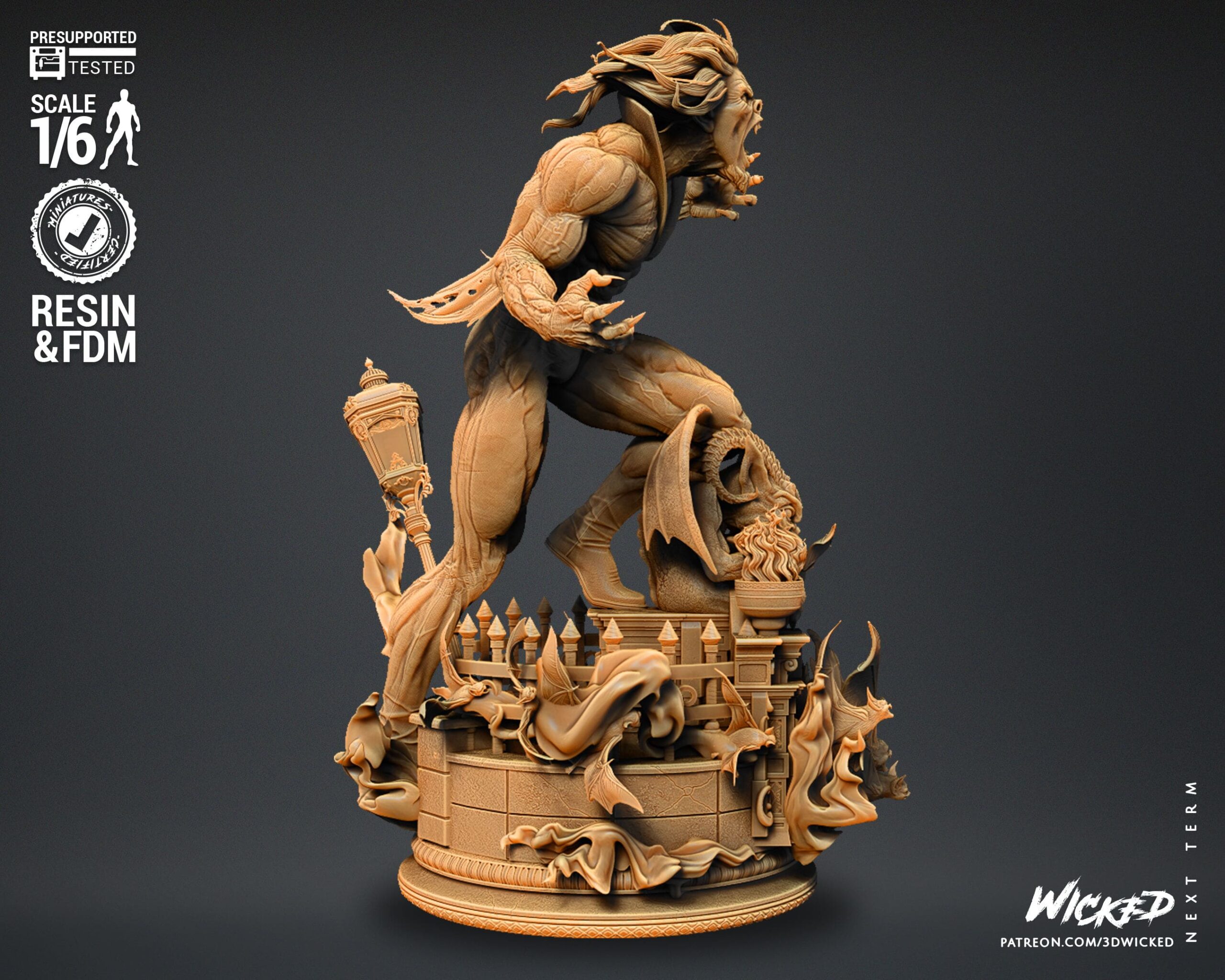 Escultura de un monstruo con una cabeza grande y una boca ancha, que resalta por su aspecto impresionante y aterrador.