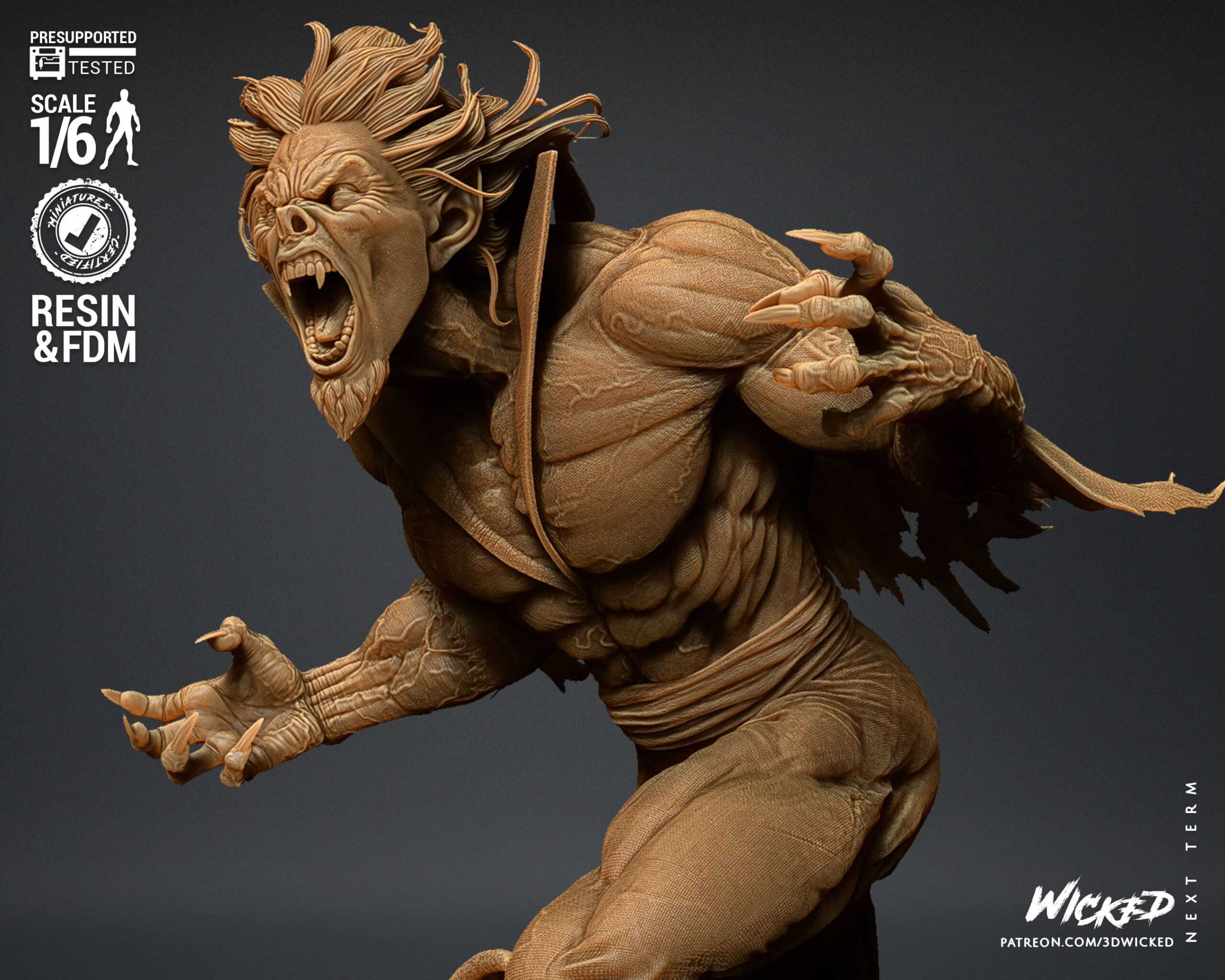 Escultura de un monstruo con una cabeza grande y una boca ancha, que resalta por su aspecto impresionante y aterrador.