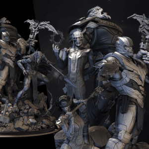 Diorama compuesto por Corvus, Cull Obsidian, Ebony Maw, Proxima Midnight y Thanos.