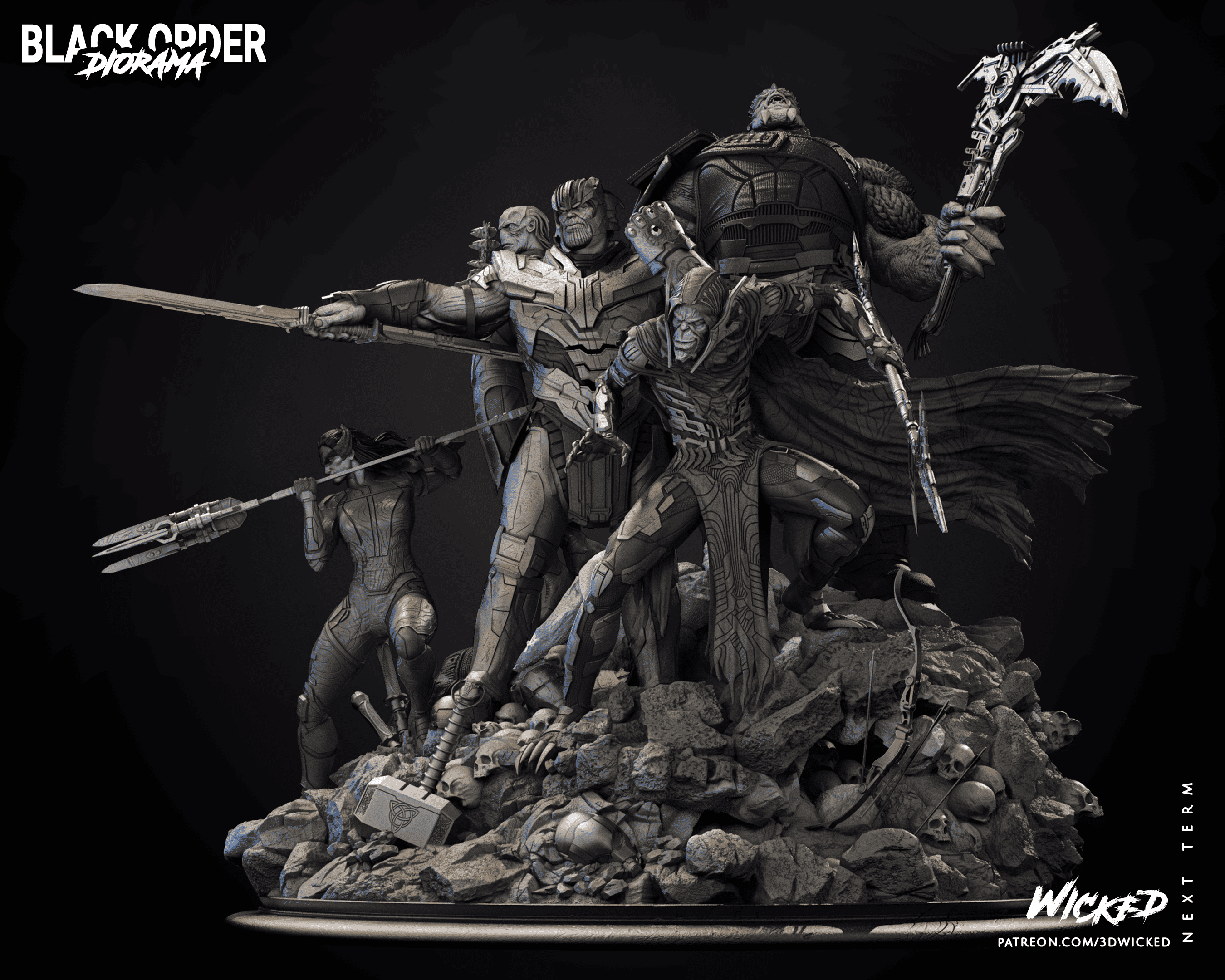 Diorama compuesto por Corvus, Cull Obsidian, Ebony Maw, Proxima Midnight y Thanos.