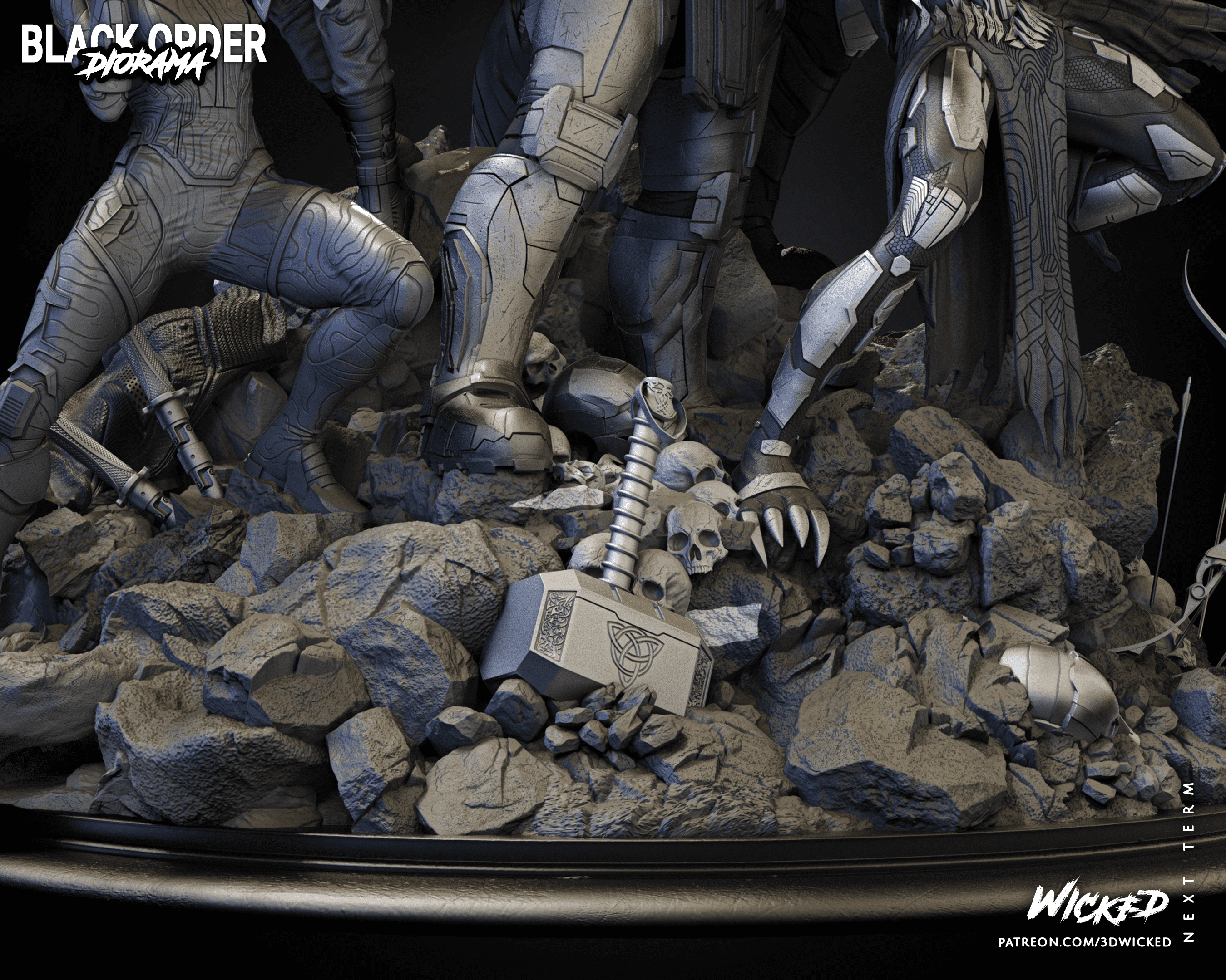 Diorama compuesto por Corvus, Cull Obsidian, Ebony Maw, Proxima Midnight y Thanos.