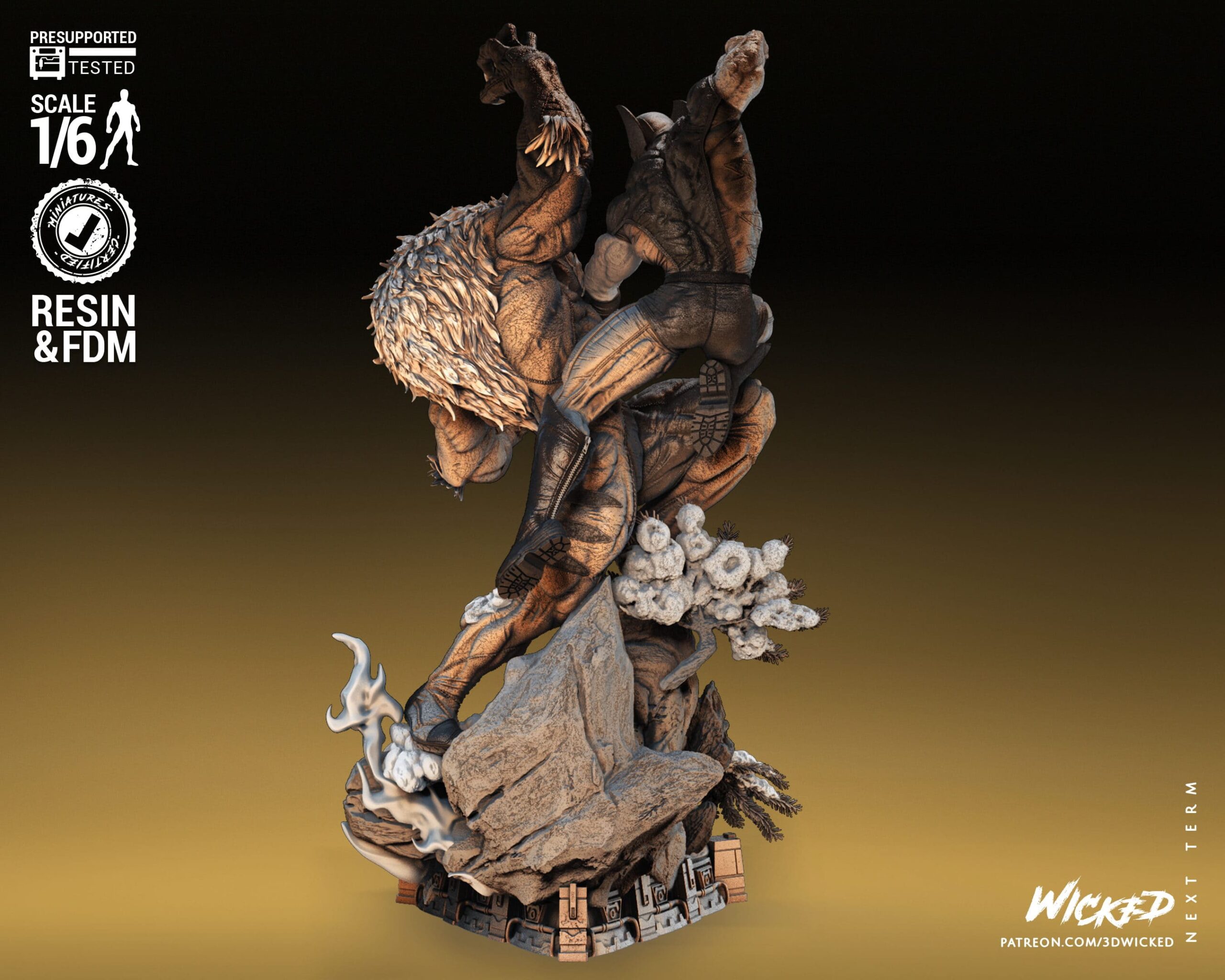 Escultura de Lobezno junto a Dientes de Sable, capturando la esencia de su conflicto en el mundo de los superhéroes.